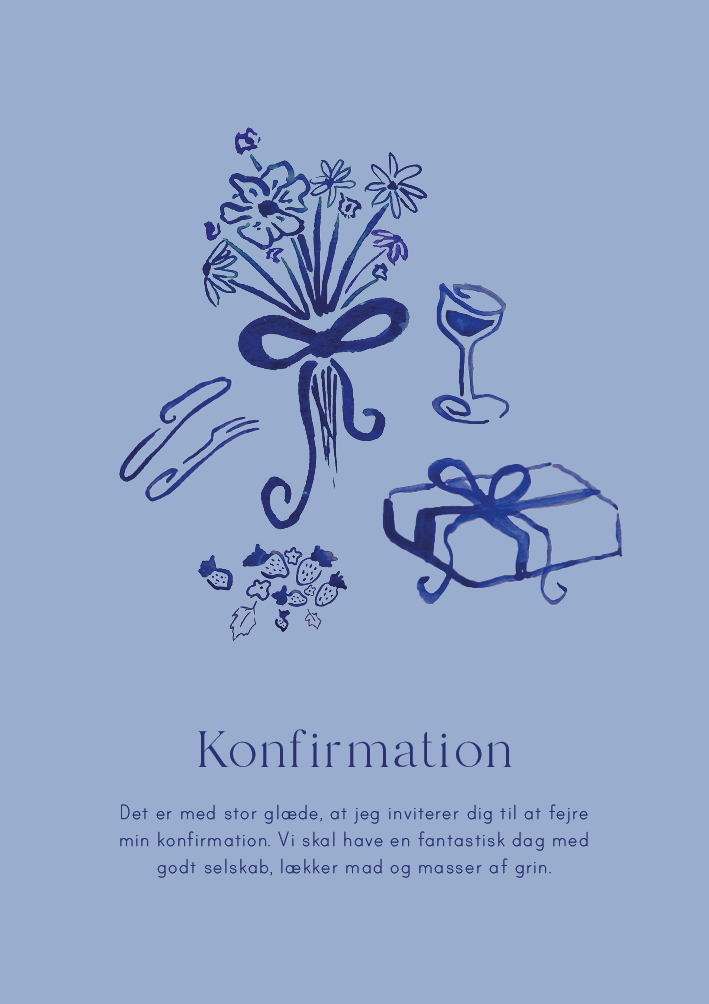 
                Konfirmationsinvitationen er det første skridt mod konfirmationen. Det hjælper til at sætte scenen og danne en rød tråd for konfirmationsfesten. Denne blå invitation består af håndmalede akvarel illustrationer af elementer fra den store dag. Stilen er let og elegant. Gør din invitation personlig med dit budskab, så dine gæster kan glæde sig til at være med til at fejre din store dag.                